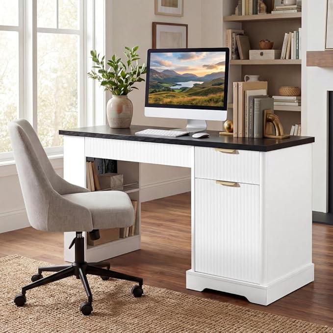 Modern Fluted Office Desk with Storage Cabinet Drawers Power Outlet Pegboard Built-in Shelves Keyboard Tray for Home Office Study Living Room (White)