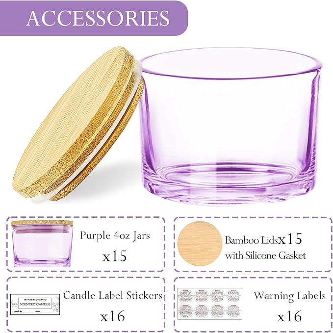 CONNOO 15 Pack 4 OZ Purple Glass Candle Jars with Airtight Bamboo Lids for Making Candles, Bulk Small Wide Mouth Empty Candle Containers with Sticky Warning Labels - Dishwasher Safe, Lavender