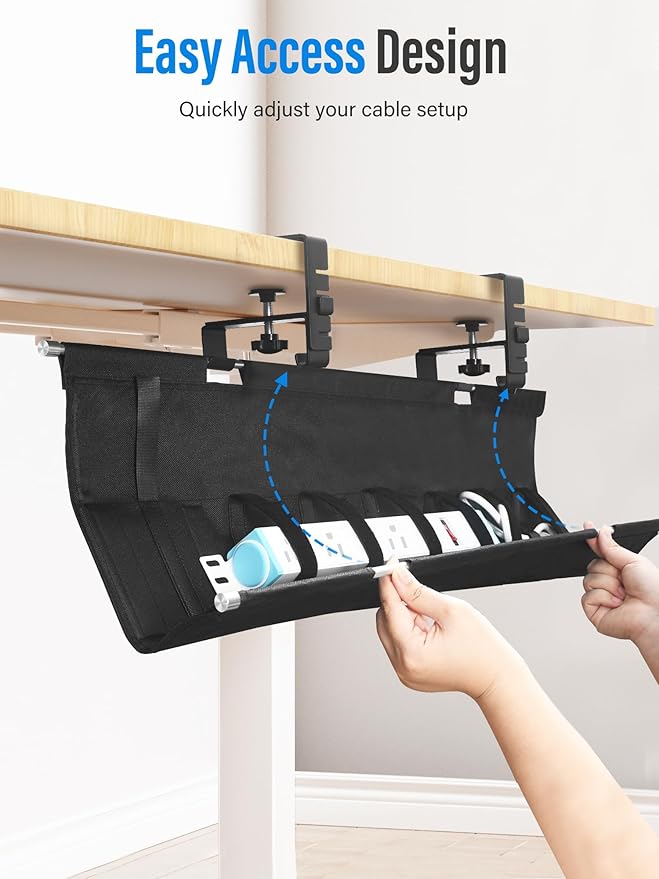 [Upgraded] Large Under Desk Cable Management Tray, Cinati Cable Management Under Desk No Drill, 28.4" Fabric Cord Hider for Wire Organizer, Cord Organizer for Office, Home - Supports Up to 30lbs Black