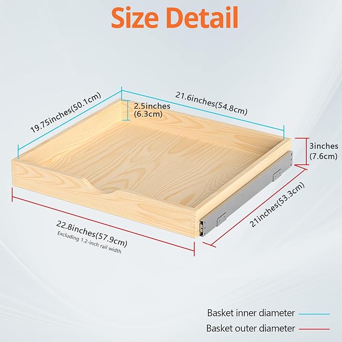 ZOINLIY 24''W X 21''D X 3''H Wooden Pull Out Drawer for Cabinet, Cabinet Organizer for Kitchen, Soft Close Slide Out Shelves, Heavy Duty, Fully Expandable