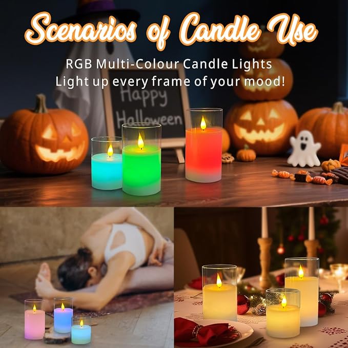 Rechargeable RGB Flameless Candles, Clear Glass LED Pillar Candle with Remote & Timer, Set of 3 — Color-Changing Decorative Candles for Living Room, Bedroom, Holiday Décor & Gifts for Women