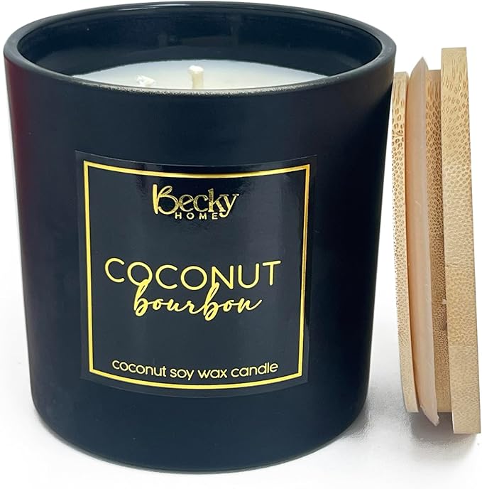 Coconut Bourbon 3-Wick Candle, 14.5oz, Black Matte Jar with Wooden Lid, 60+ Hour Burn Time