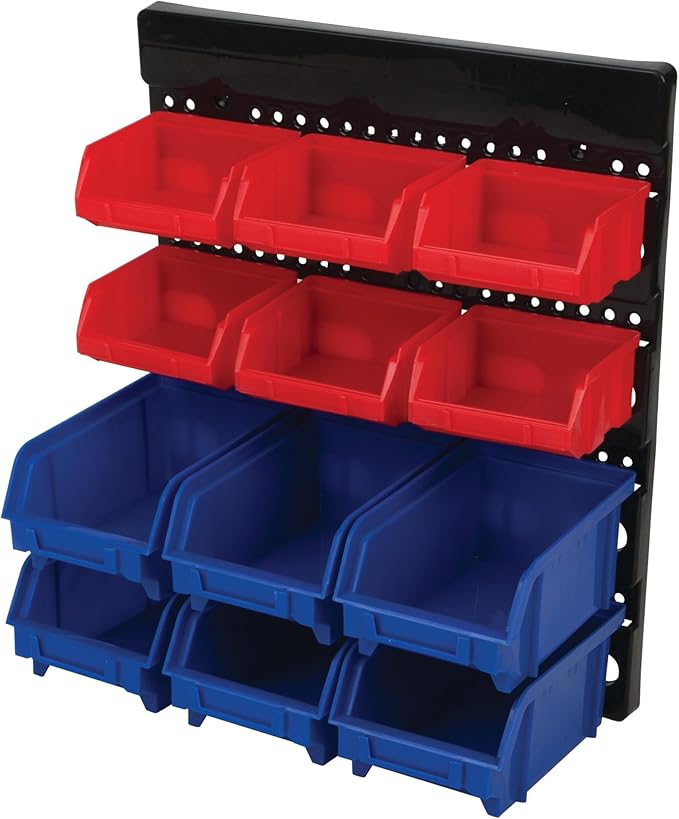 Performance Tool W530 Wall Mount Bin Rack System with 12 Bins for Organizing Parts and Tools