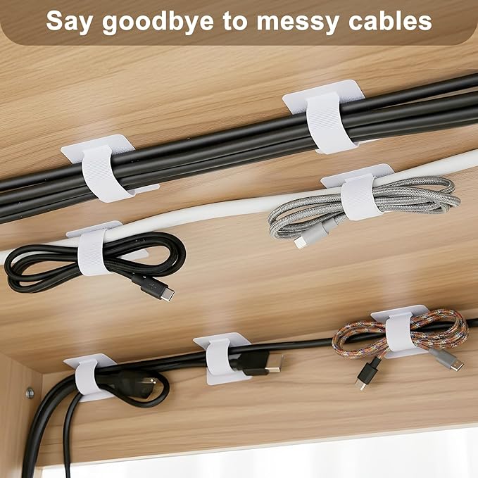 100 Pcs Hook and Loop Cable Ties, Self Adhesive Cable Management Desktop Cable Straps, Adjustable Cord Organizer for Desk Home Office Organization (White)