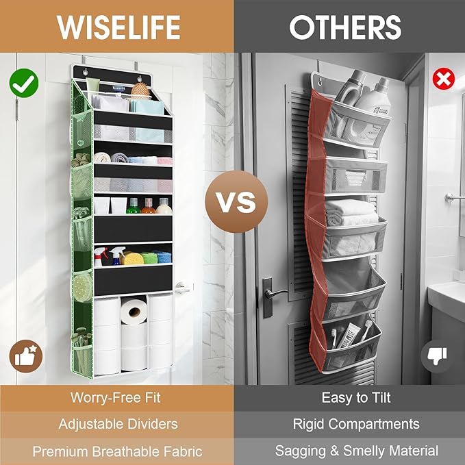 WISELIFE 5-Tier Over the Door Organizer for Hanging - 50LB Heavy-Duty Back of Door Organizer with 5 Spacious Pockets & 13 Mesh Pockets, Multipurpose Storage for Nursery, Bedroom, Closet(1 Pack, Black)