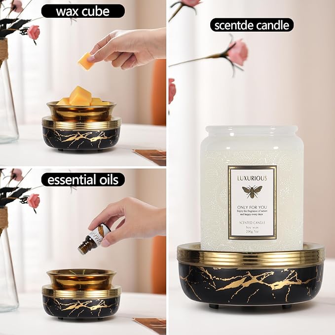 mocosa Ceramic Wax Melt Warmer 3-in-1 Candle Warmer Electric Wax Warmer for Scented Wax Melter Burner for Home,Office, for Mom Women（Black Gold）