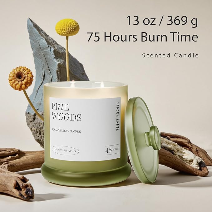 Hidden Label Pine Woods Scented Candle, 13oz Double Wick Soy Wax Candles for Home Scented, Fresh Christmas Tree & Balsam Fir Aroma | 45H Clean Burn Holiday Candles for Winter Decor & Gifts for Women