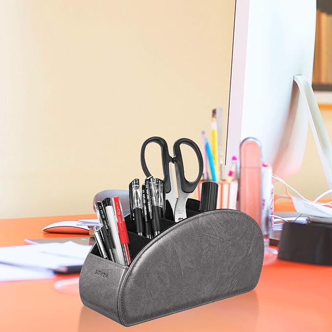 SITHON Remote Control Holder with 5 Compartments - PU Leather Remote Caddy Desktop Organizer Store TV, DVD, Blu-Ray, Media Player, Heater Controllers, Dark Gray