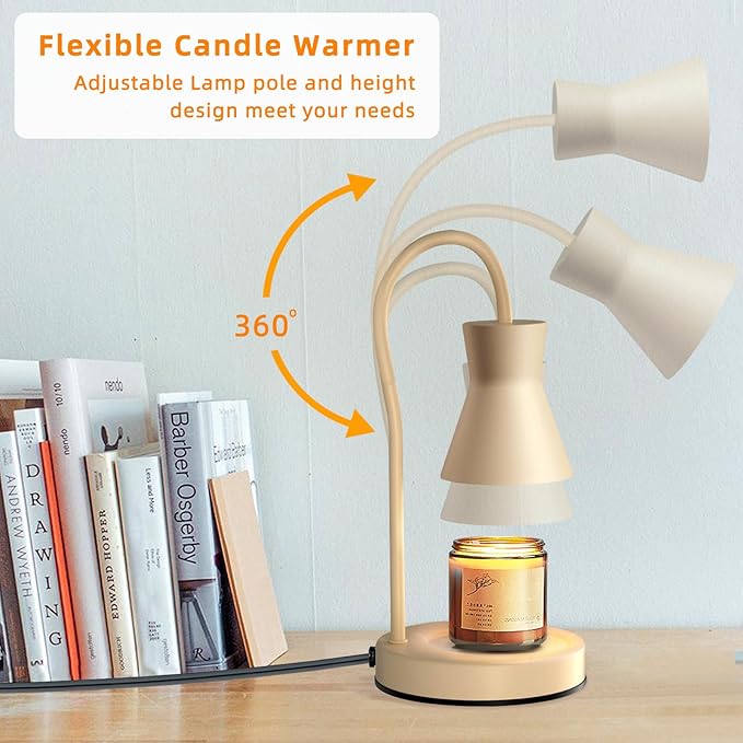 LALISU Candle Warmer Lamp with Timer and Dimmer, Vintage Electric Candle Melter with 2 Bulbs, Melter Scented Candle Height Adjustable Compatible with Jar Candles, House Warming Gifts (Beige)