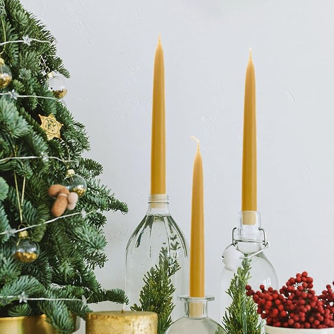 10 inch Natural Beeswax Taper Candles Set of 12, DEYBBY Smokeless and Dripless Beeswax Candles, 9Hrs Burn Time, Nontoxic