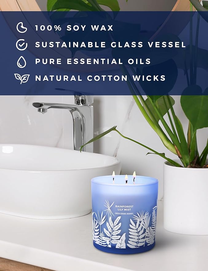 Large 3-Wick Soy Candle 14.5oz | Rainforest Lily Mist Scented Candle | Fresh Floral Aromatherapy Candle | Slow & Clean Burning | Luxury Relaxation Gift for Women and Men