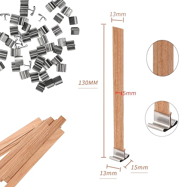 NOOR 50 Wooden Wicks for Candle Making - Double Layer Crackling Wood Wicks with Metal Clips - Smokeless, Eco-Friendly, Ideal for Soy Wax & DIY Candle Projects