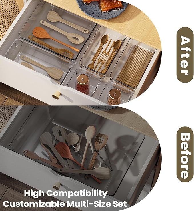 5 PCS Clear Plastic Drawer Organizer Set, 2 Sizes Acrylic Drawer Storage Trays Non Slip Storage Bins for Makeup, Jewelry, Gadgets for Kitchen, Bedroom, Bathroom, Office