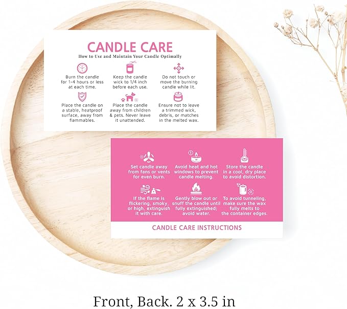 200 pack - Premium Handmade Candle Care Instruction Cards Pink 2x3.5 in, Small Business | Soy Bees Wax Melt, Candle Makers, Making Supplies Kit Set, Containers, Jars, Pot, Package