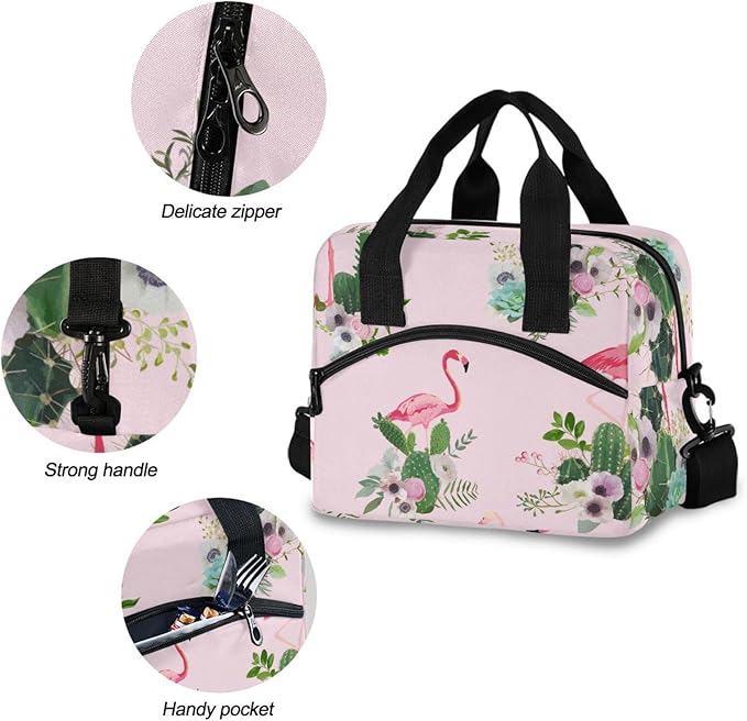 CBBYY Flamingo and Cactus Flowers Lunch Bags for Women Men, Reusable Insulated Lunch Box, Adjustable Shoulder Straps Tote Lunch Bag for Work Picnic School