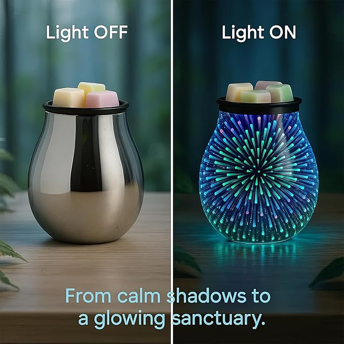 Leyoue 3D Glass Fireworks Electric Wax Melt Warmer with PTC Heating Plate Reusable Silicone Tray 7 Colors LED Changing Light Wax Burner Melter Fragrance Warmer for Home (3D)