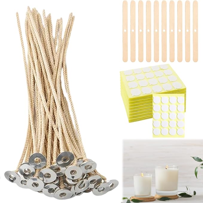 50 Pcs 8 Inch Natural Cotton Candle Wicks Kit, Pre-Waxed Wicks with 120 Wick Stickers & 10 Wooden Holders, for Soy Wax, Beeswax, Coconut Wax DIY Craft