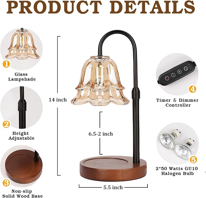 Funistree Candle Warmer Lamp with Timer & Dimmer, Adjustable Height Mothers Day Birthday Gifts for Women Mom, Flower Candle Lamp Warmer, Wax Warmer with 2 Bulbs, House Warming New House Decorations