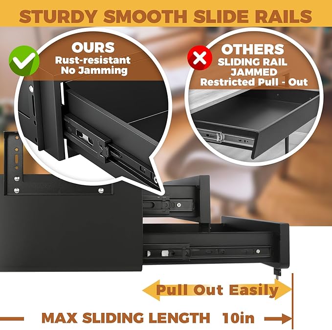 14.17" D Double Under Desk Drawer,Under Desk Pull out Storage Organizer with Lock and Keys,Adjustable Height, Metal Storage Drawer with Slide Extension Mounted Under Flat Wooden Table or Workbench