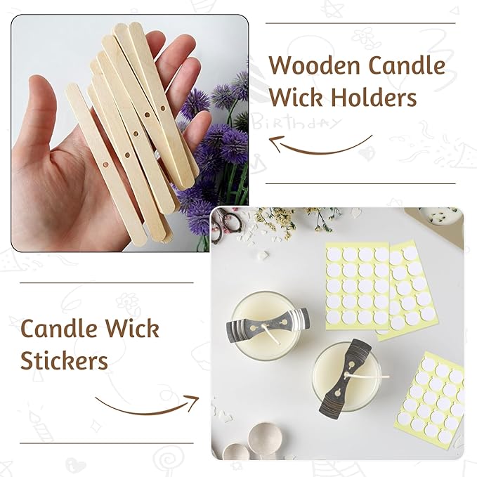 JEAWIWI Candle Wicks for Candle Making, Candle Wick 8 in 100 Pcs with 100 Pcs Wick Stickers and 10 Pcs Candle Wick Holders, Cotton Wick for Soy Wax, Beeswax, Coconut Wax