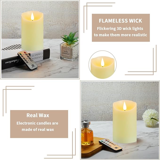 Rechargeable Candles, Flickering Flameless Candles with Remote and Timer, Real Wax LED Candles with 3D Wick, Pillar Candles for Home, Festival, Wedding, Party Decor Set of 3