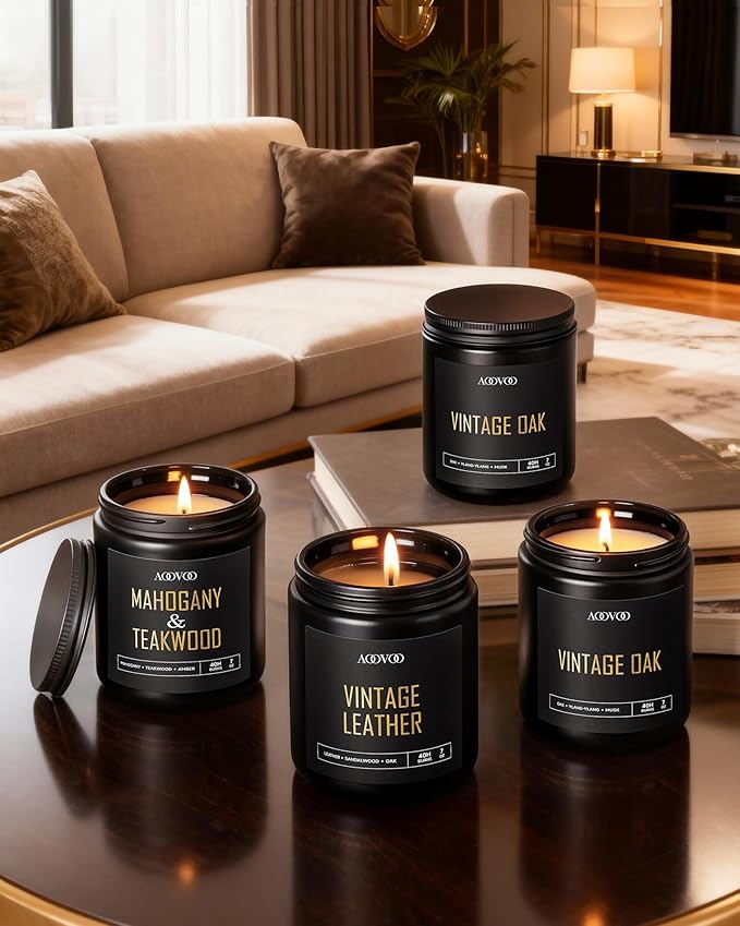 AOOVOO Scented Candles for Men - 4 Pack Candles for Home Scented, 28oz Soy Wax, 200 Hour Burn Time, Men Candle Set, Vntage Leather/Vntage Oak/Mahogany Teakwood/Cologne Candle Set