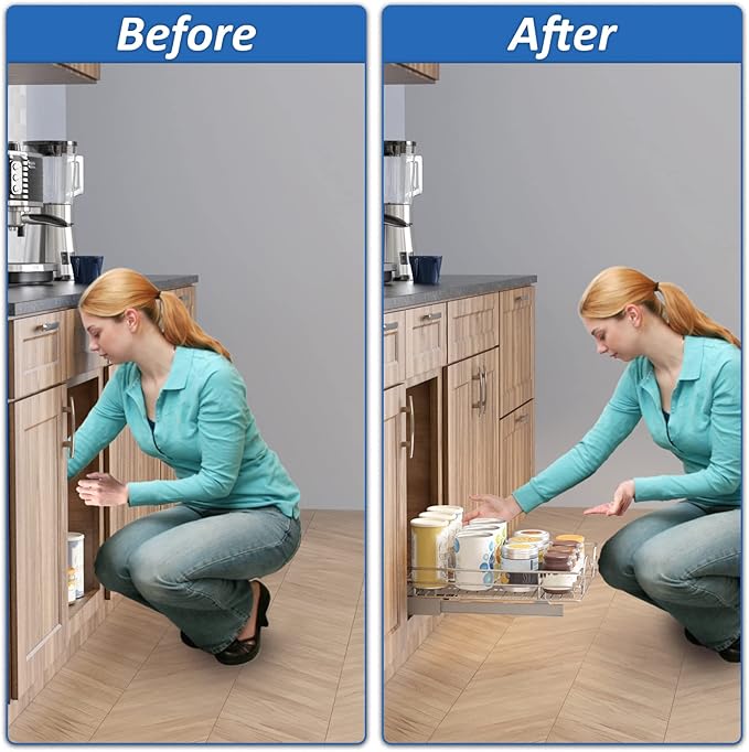 ROOMTEC Pull Out Cabinet Organizer - 11" W x 21" D, Slide Out Storage Shelves, Fits 12.5" Opening