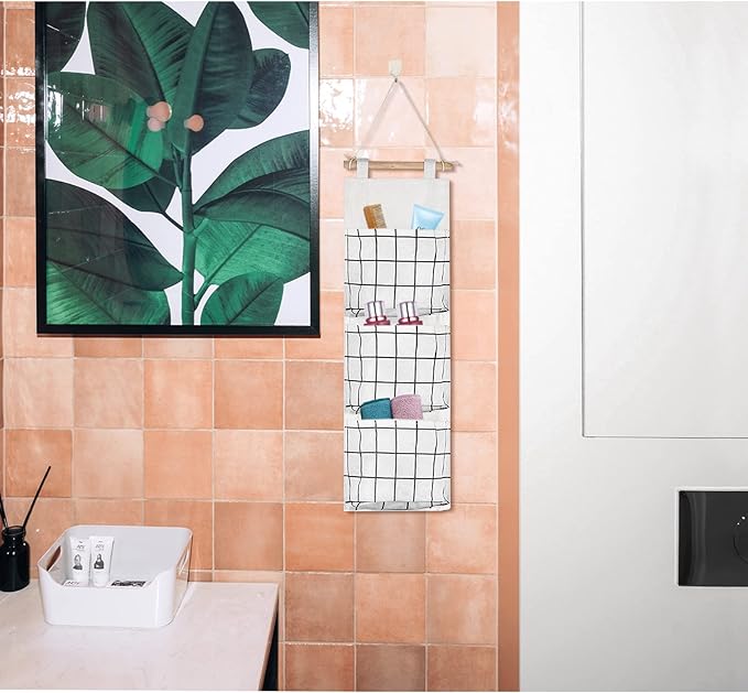 FuninCrea Linen Fabric Hanging Organizer, Waterproof Wall Storage Bag with 3 Pockets, Space Saving Hanging Wall Organizer for Living Room, Bedroom, Bathroom (White)