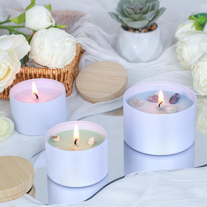 CONNOO 24-Pack Candle Tins - 12x 8oz & 12x 4oz Matte White Containers with Wick Kit and Wood Lids, for Candle Making, Storage, and Gifting