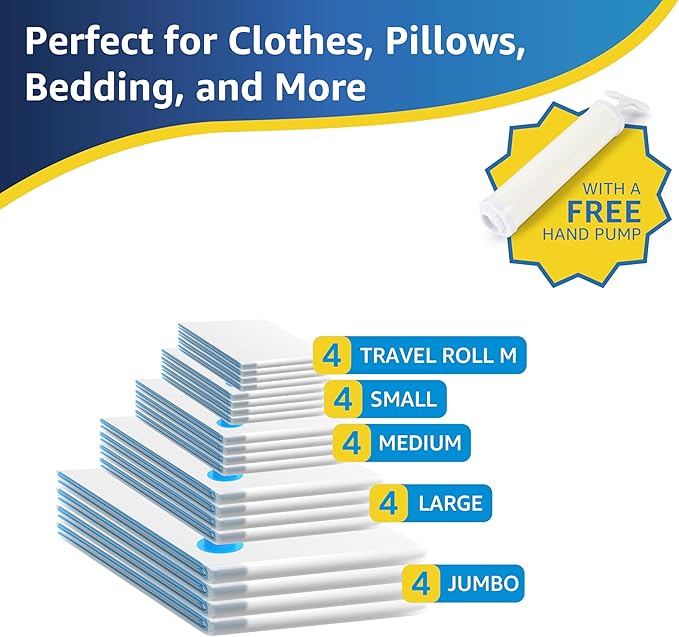 20 Pack Vacuum Storage Bags (4 Jumbo/4 Large/4 Medium/4 Small/4 Roll M) Space Saver Bags, Vacuum Seal Bags with Hand Pump for Comforters, Blankets, Bedding, Pillows and Clothes