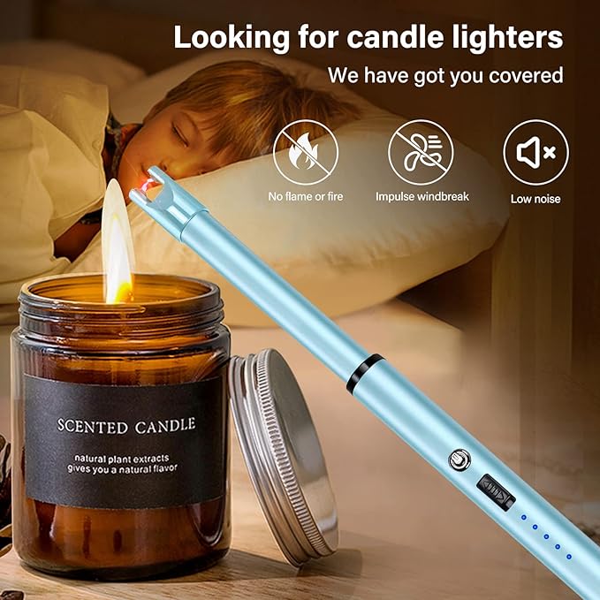 Navpeak Electric Candle Lighter Windproof USB Rechargeable Flameless Long Neck Lighter for Candles Gas Stove Fireplace BBQ Kitchen Grills (Sky Blue)