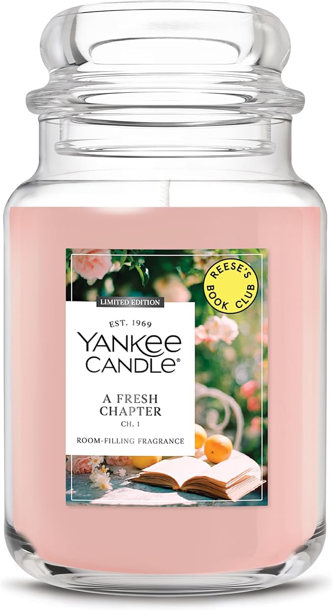 Yankee Candle x Reese’s Book Club, A Fresh Chapter, Spring Scented Candle, Bright Pomelo Scent, Blooming Rose Scent, 22oz Large Jar Candle with up to 150 Hours Burn Time, Giftable