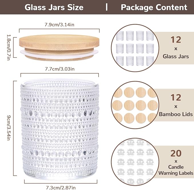 DARJEN 12 Pack Clear Candle Jars for Making Candles- 8 OZ Empty Glass Candle Making Jars with Bamboo Lids and Labels, Candle Making Supplies Candle Containers for Home DIY