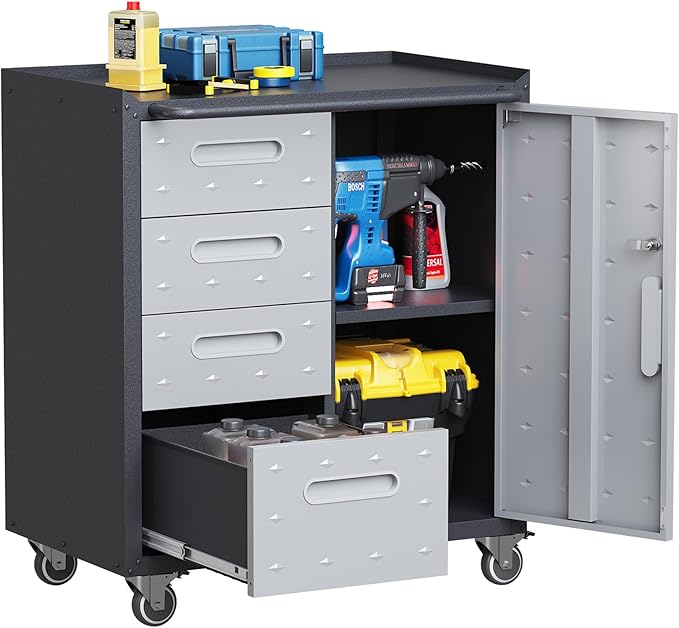 Garage Storage Cabinets with Wheels, Locking Metal Storage Cabinets with 4 Drawers and 1 Doors, Easy Assembly Rolling Tool Cabinet for Garage, Basement,Warehouse