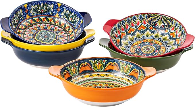 Henten Home Porcelain Pasta Bowls with Handle - 30 oz Ceramic Soup Bowls Set of 6, Colorful Serving Dishes for Salad, Cereal, Dinner, Bohemian Style, Microwave & Dishwasher Safe