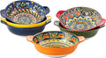 Henten Home Porcelain Pasta Bowls with Handle - 30 oz Ceramic Soup Bowls Set of 6, Colorful Serving Dishes for Salad, Cereal, Dinner, Bohemian Style, Microwave & Dishwasher Safe
