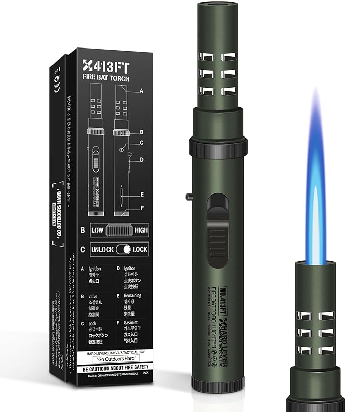 Camping Lighter, Torch Lighter, Windproof Jet Flame Butane Refillable Adjustable Flame with Safety Lock&Fule Guage for Campfires Kitchen Hiking Candles Fireplace BBQ Outdoor Camping Essentials(Green)