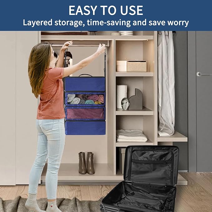 esouler Suitcase Organizer, Travel Luggage Organizer hanging packing cubes for travel，portable hanging travel shelves Collapsible closet organizer for Carry-on (Navy blue, Medium)