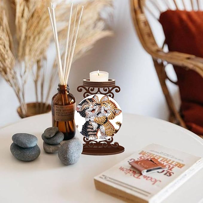 DIY Diamond Candlestick Holders Diamond Art Painting Wooden Home Decoration Candlestick Christmas Halloween Ornaments Double-Sided Diamond Cat Hug Candle Holder Kits Tabletop Decoration
