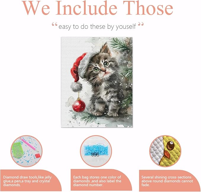 QZOTRXI Winter Diamond Art Kits for Adults,Christmas Cat Diamond Painting Kits for Beginners, DIY Round 5D Gem Art Kits and Art Crafts for Home Decor 12x16 Inch