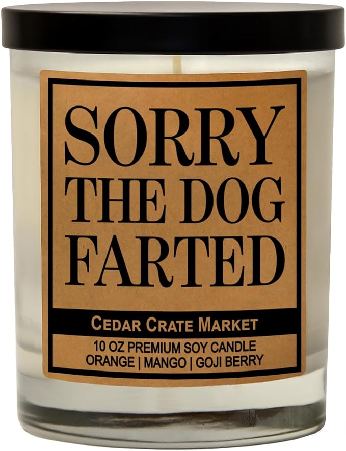 Cedar Crate Market Funny Dog Candle - “Sorry The Dog Farted” Soy Candle | Pet Odor Eliminator Gift | Orange Mango Goji Berry Scented| Hand-Poured USA Made, Pet Owner Gift, Housewarming, Gag