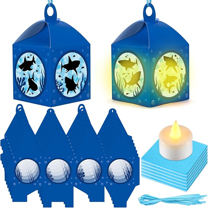 Simgoing 12 Sets Summer Shark Crafts with LED Candle Light DIY Shark Tissue Paper Beach Craft Kits Under the Sea Theme Party Decoration Submarine Hanging Ornaments for Summer Decoration Party