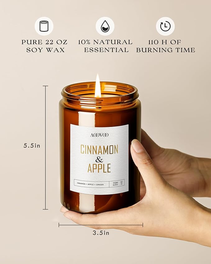 AOOVOO Apple Cinnamon Candles - 22 oz Scented Candles, Aromatherapy Candle, Soy Candle for Home Scented