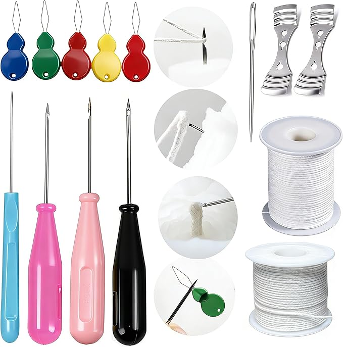 TYMKLMZG Mold Punch Needle with Hook & Eye,Candle Wick Inserting Tool for Molds Large-Eye Needle for Candle Silicone Molds,Candle Wick Roll 200 Ft 24 Wick Spool(2 Style),Threader,Candle Wick Holders