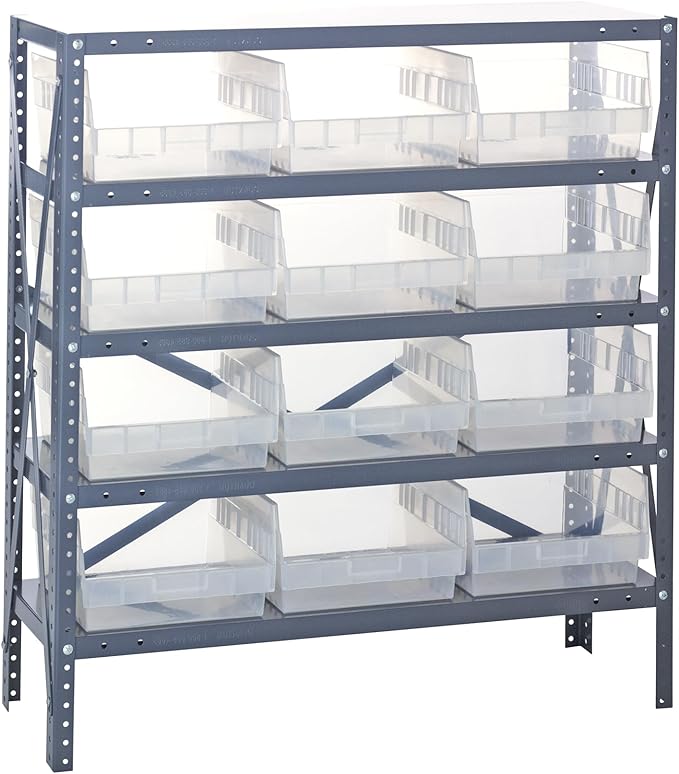 Quantum 1839-210CL Heavy Duty Shelving Unit with (4) Shelves and (12) QSB210 Clear Bins for Garage Warehouse Storage Distribution | 400 lb Load Capacity | 18"D x 36"L x 39"H, Galvanized Carbon Steel