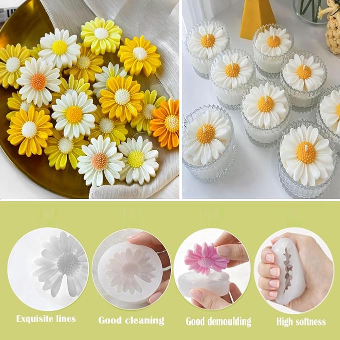 6PCS Daisy Flower Silicone Candle Molds,Moldes para Velas for Candles,3D Silicones Flowers Molds for Candle Making, Fondant Chocolate,Cake Decorating, Handmade Soap,Candy Clay Lotion Bar Wax DIY Craft