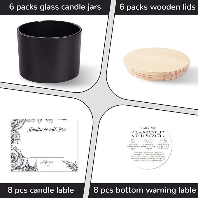 LAMORGIFT 6-Pack 16 oz Candle Jars - Frosted Black Glass with 3 Wicks, Empty Containers for Candle Making