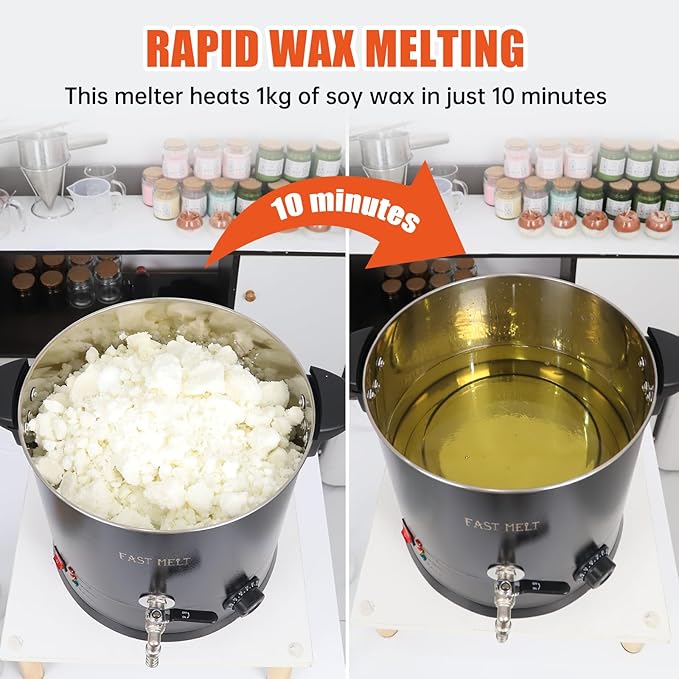 FAST MELT 10L Electric Wax Melter Kit for Candle Making, 30-110 ℃ Digital Temp Control, Easy-Pour Spout, Heat Gun, Gloves & Measuring Cup, Professional Home Candle Business Starter Equipment