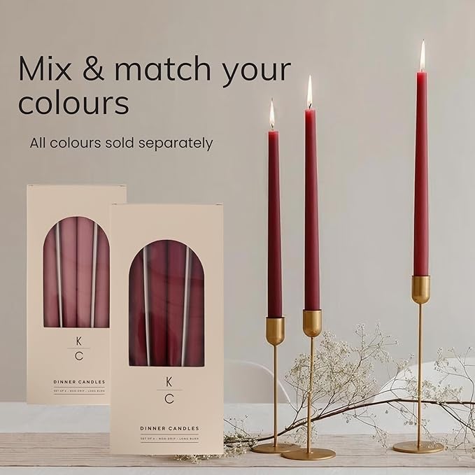 Tapered Dinner Candles - Soy & Paraffin Blend, Dinner Candles with Long-Lasting 7-Hour Burn for Stylish Homes - Candle in Curated Colors Ideal Gift for Hosts, Brides & Event Planners-Merlot