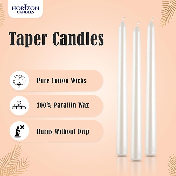 Horizon Unscented 10-Piece Taper Candle Set – 9 Hours Burning Time Smokeless & Dripless Candles for Centerpieces at Wedding, Holiday Dinners, Festive Parties and Home Decor - White